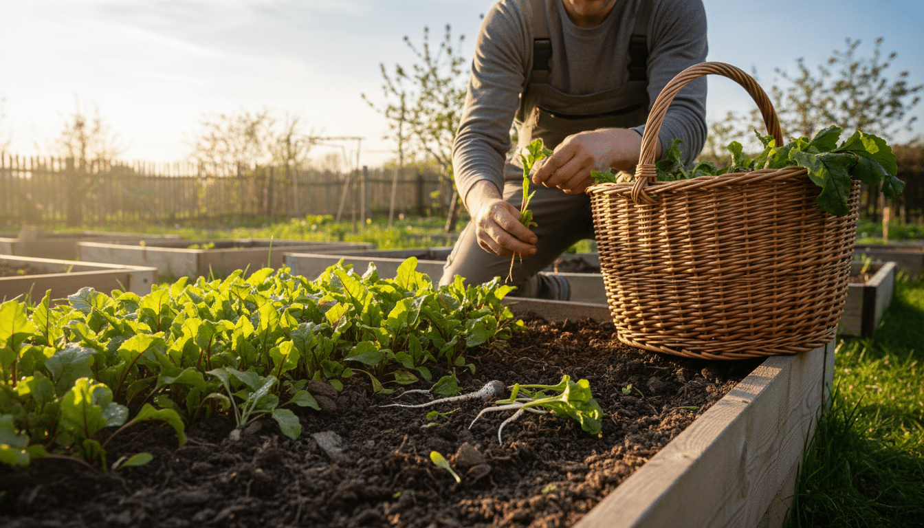 Jardinier éclaircissant des jeunes plants de betteraves au potager