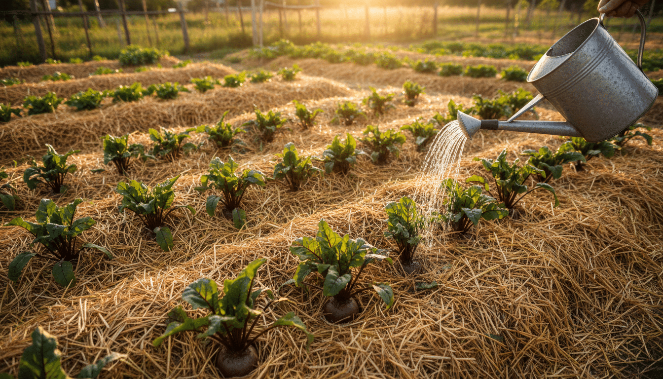 Arrosage modéré d'un carré de betteraves paillé au potager