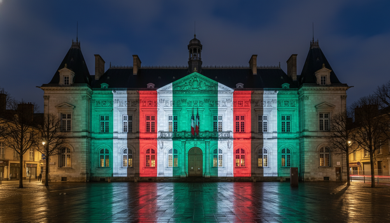 Façade d'un hôtel de ville français illuminée de nuit aux couleurs du drapeau palestinien — vert, blanc, rouge et noir