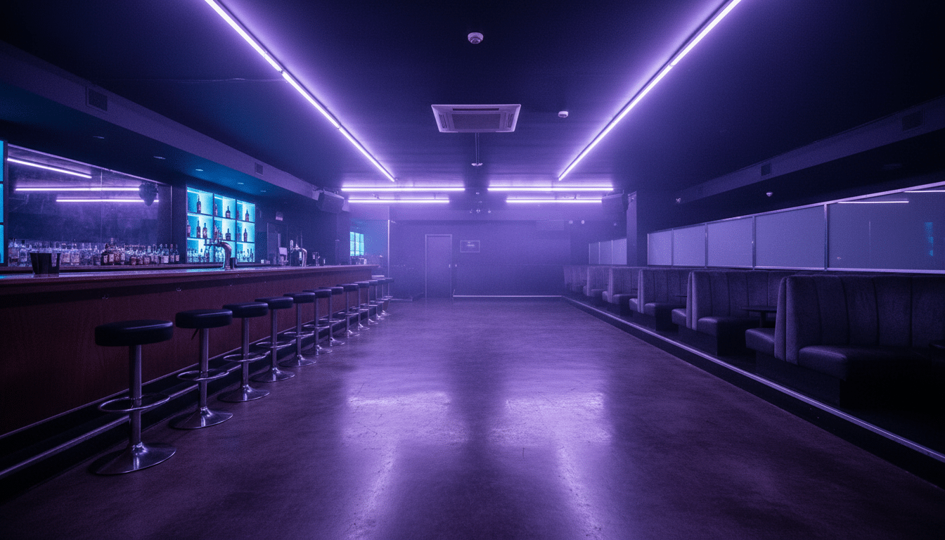 Intérieur sombre d'une boîte de nuit australienne, lumières néon violettes et bleues, ambiance nocturne et pesante