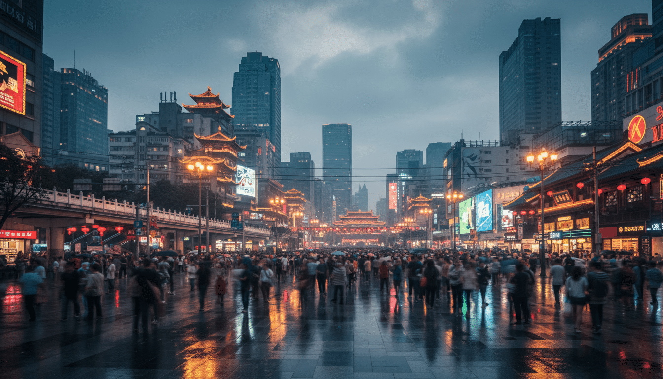 Rue animée d'une grande ville asiatique dans une atmosphère brumeuse