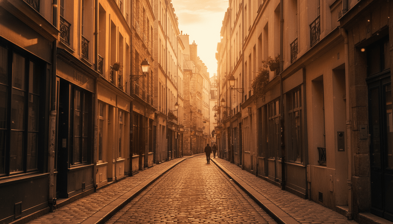Rue étroite parisienne entre immeubles au soleil couchant