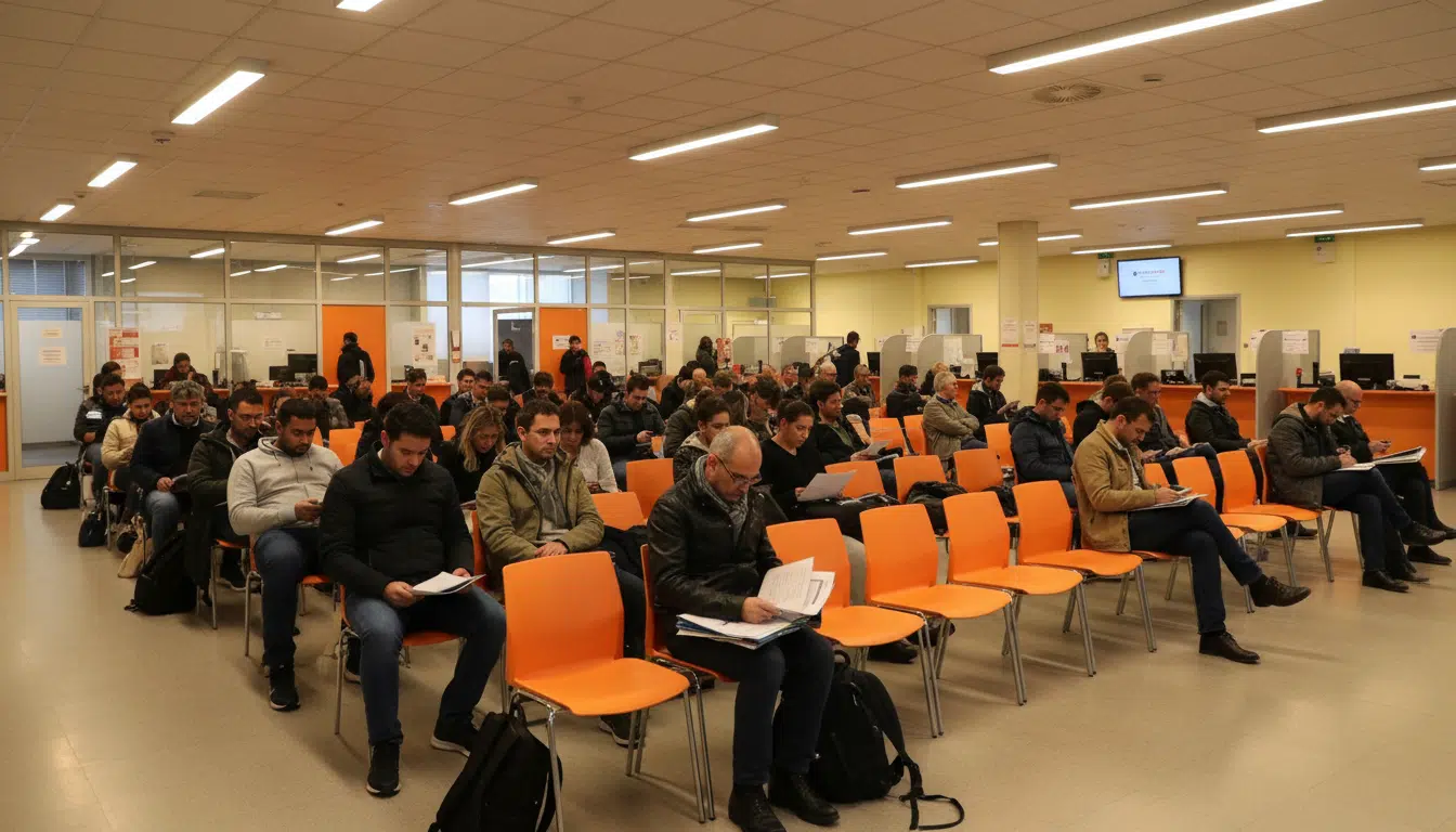 Salle d'attente France Travail remplie de demandeurs d'emploi