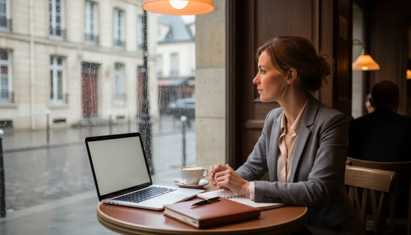 Entrepreneure réfléchissant à son projet après une rupture conventionnelle