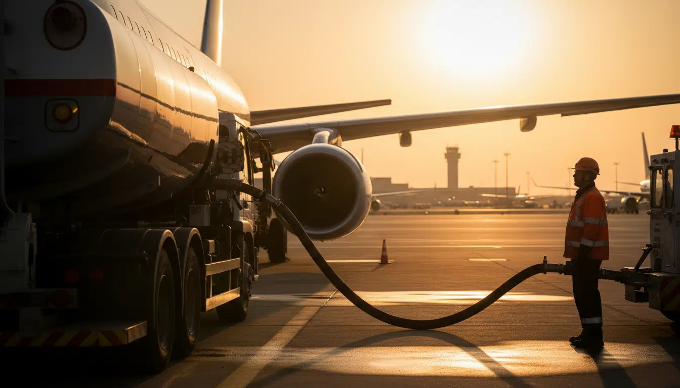 Ravitaillement en kérosène d'un avion sur le tarmac