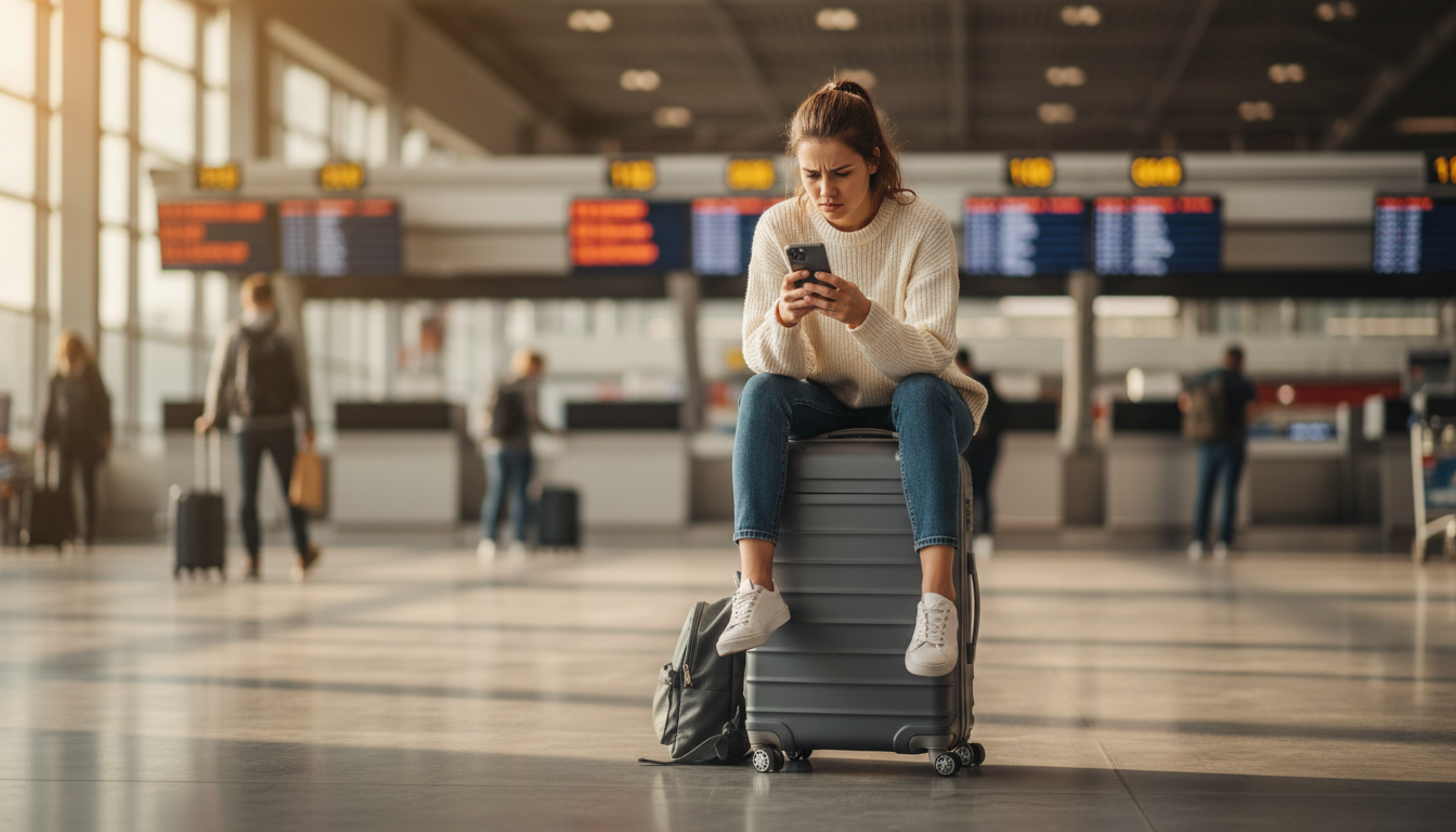 Voyageuse inquiète consultant son téléphone à l'aéroport
