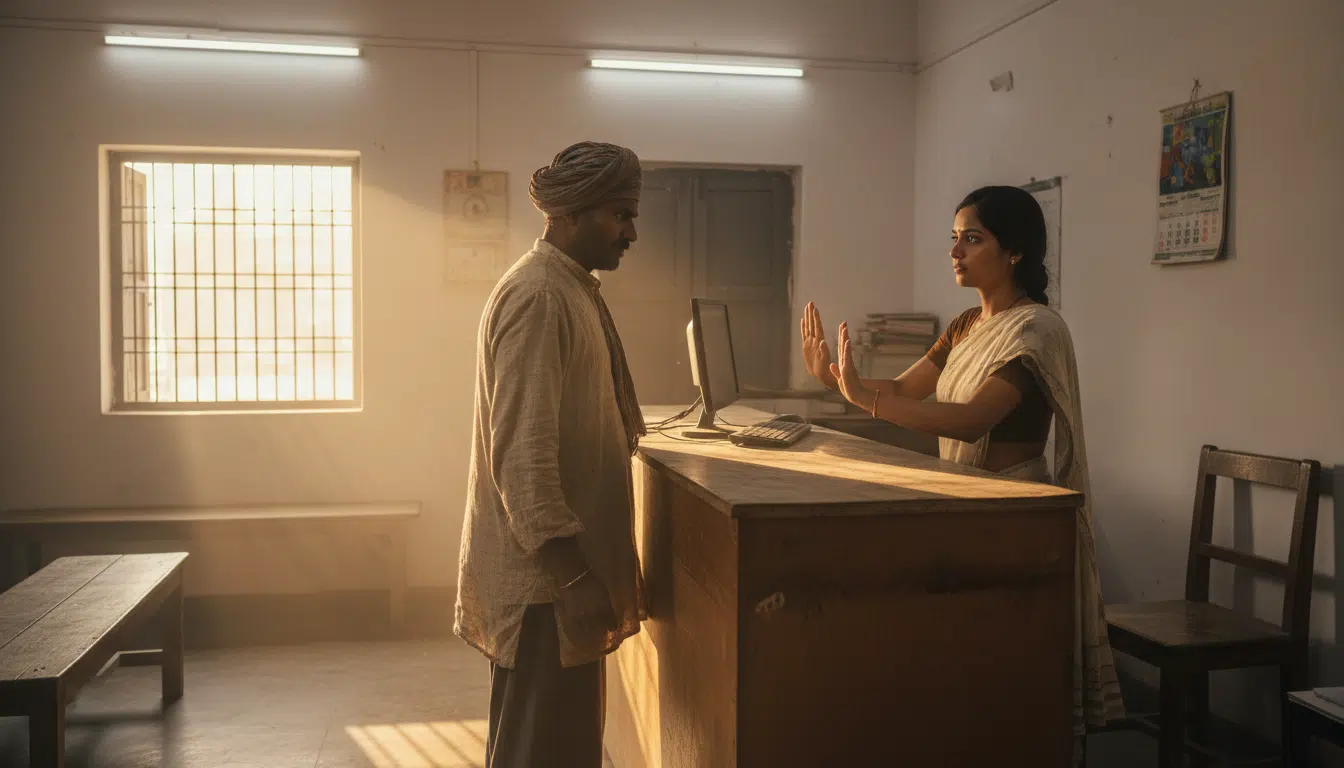 Homme indien contrarié au guichet d'une banque rurale