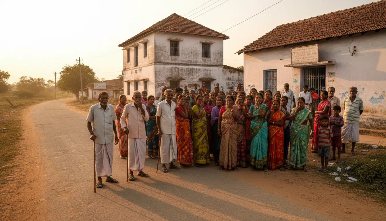 Foule choquée devant une agence bancaire en Inde