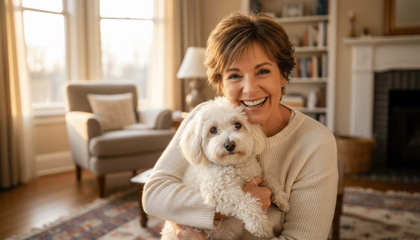 Vickie Doogan souriante avec sa chienne Dolly dans ses bras