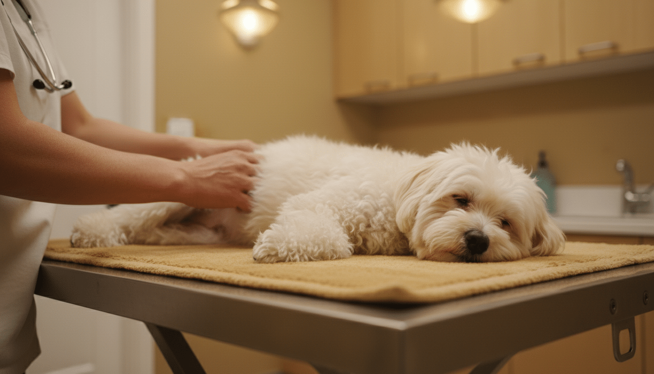 Petite chienne poochon examinée par un vétérinaire