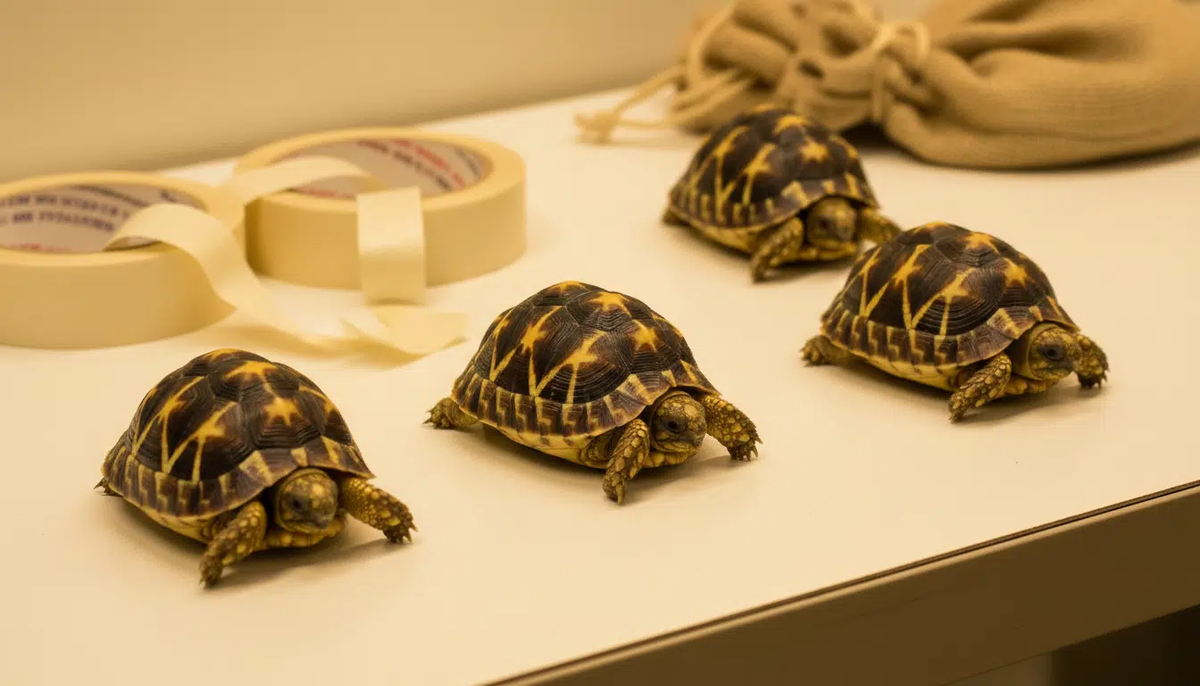 Tortues étoilées d'Inde saisies sur une table d'inspection
