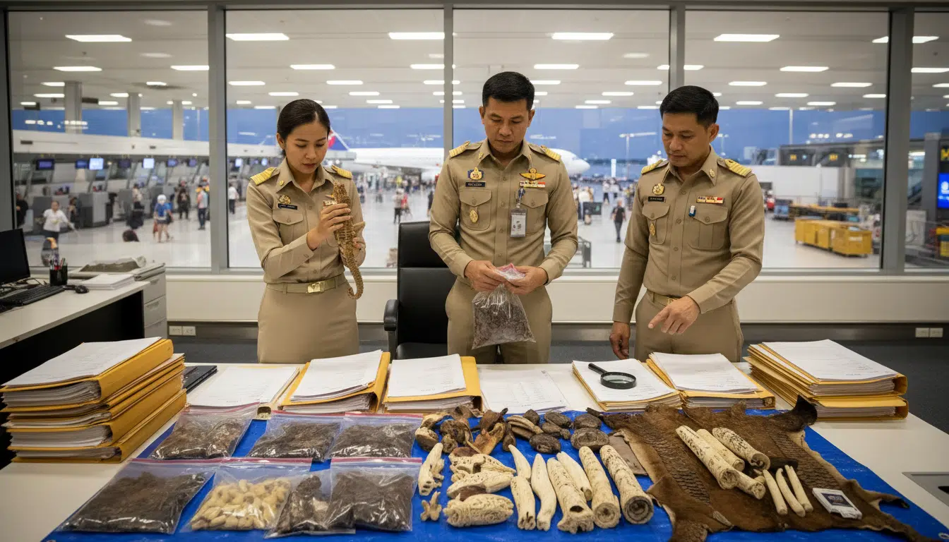 Douaniers thaïlandais examinant les preuves de contrebande