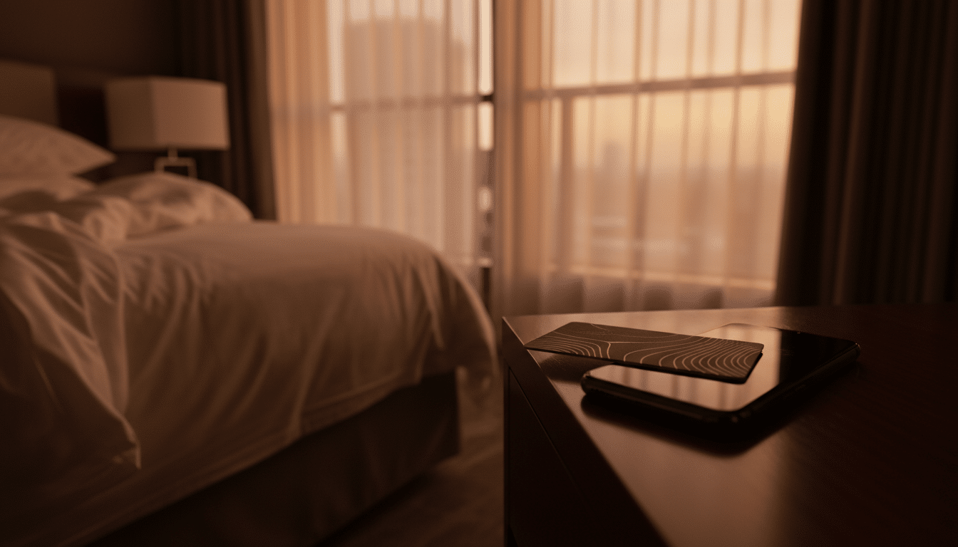 Chambre d'hôtel de luxe avec smartphone sur table de nuit