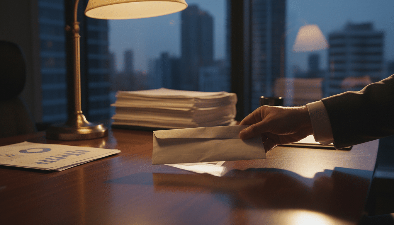 Lettre de dénonciation posée sur un bureau d'entreprise