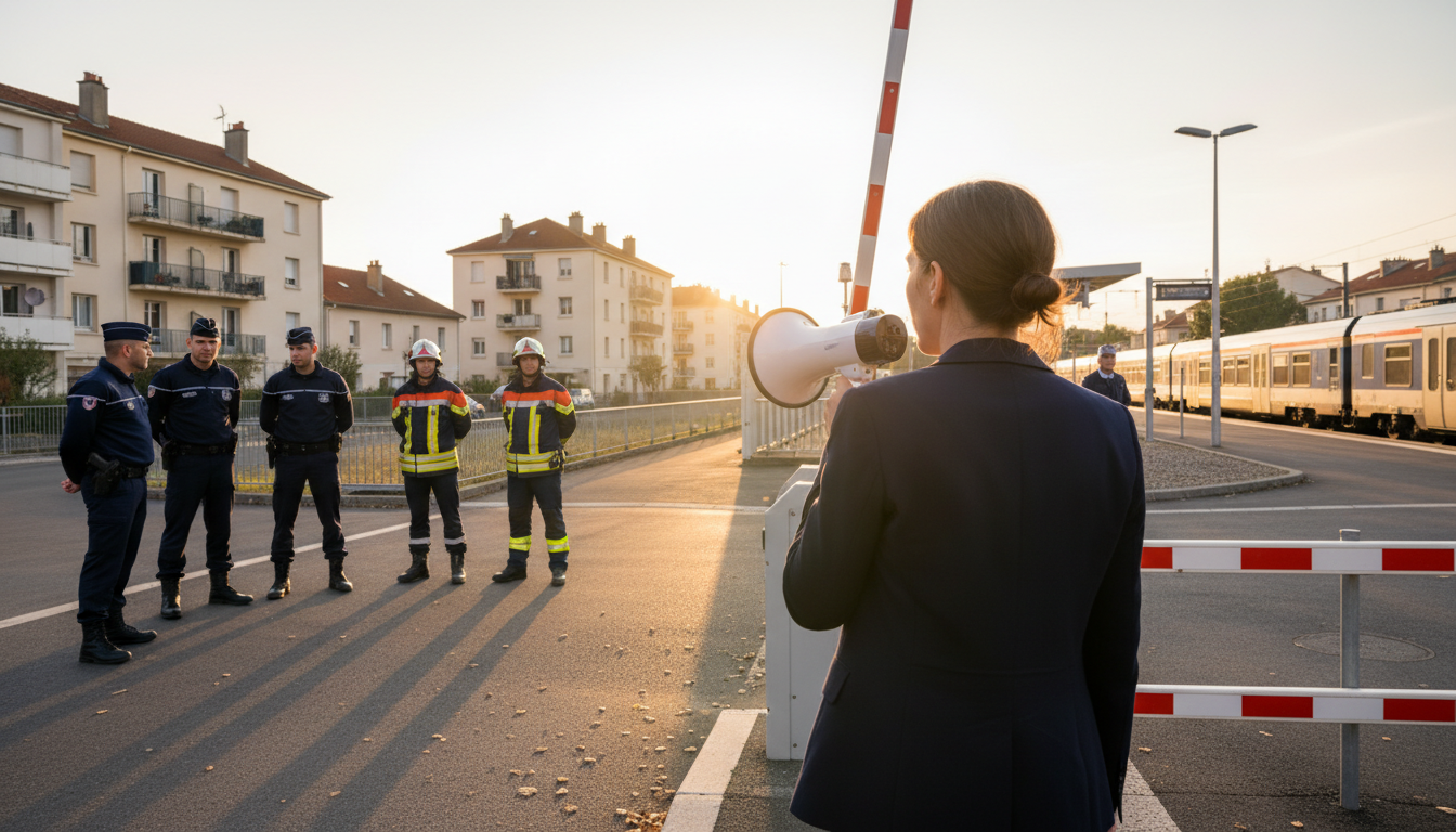 Intervention de la maire avec un mégaphone près de la gare