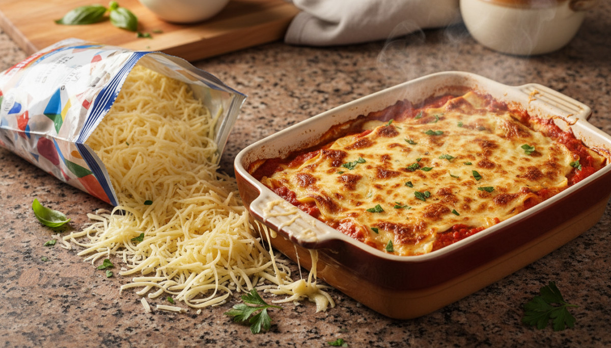 Sachet d'emmental râpé renversé près d'un plat de lasagnes
