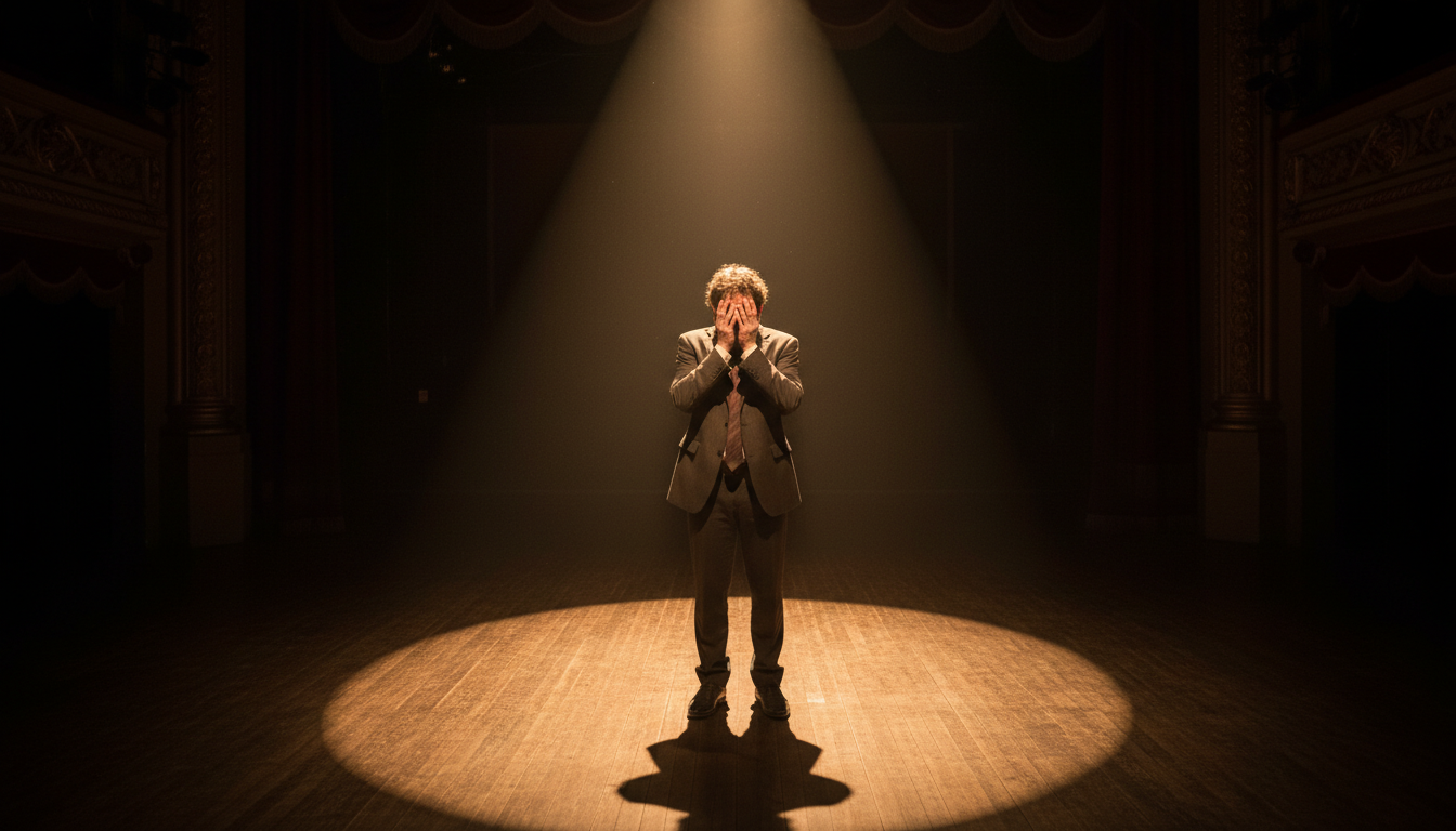 Personne gênée sous un projecteur sur une scène vide