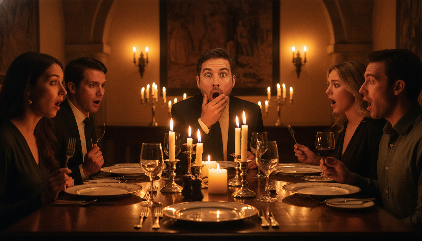 Homme choqué par ses propres mots à table