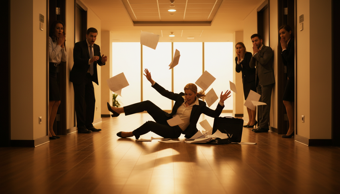 Femme ayant chuté dans un couloir de bureau