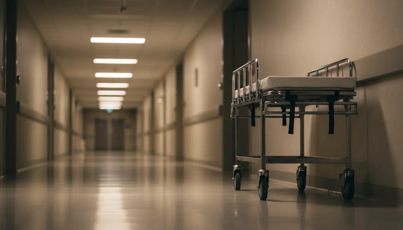Couloir d'hôpital vide éclairé la nuit