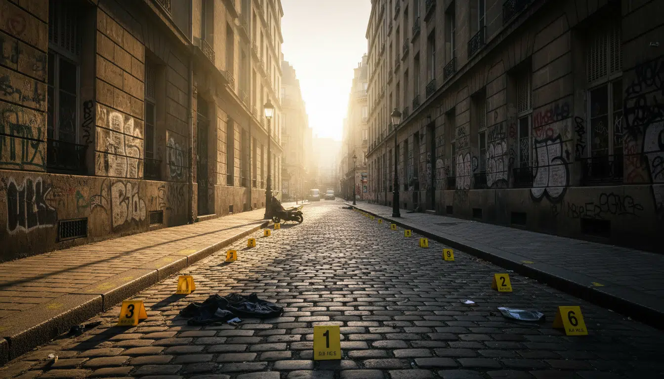 Scène d'investigation policière sur un trottoir urbain à l'aube