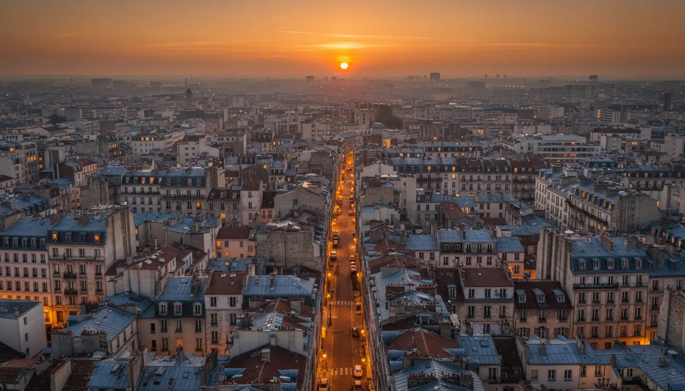 Vue aérienne d'un quartier urbain de Saint-Étienne au crépuscule