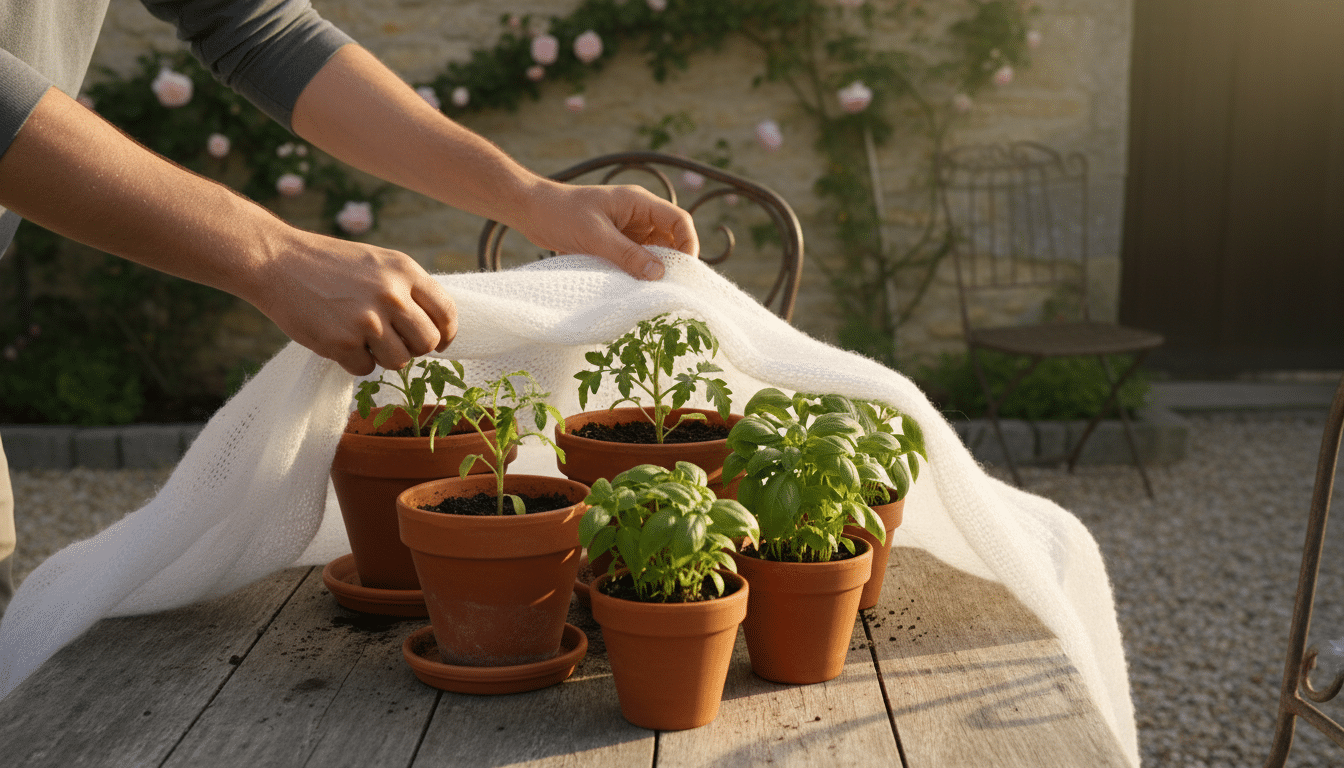 Mains protégeant des plants de tomates avec un voile d'hivernage