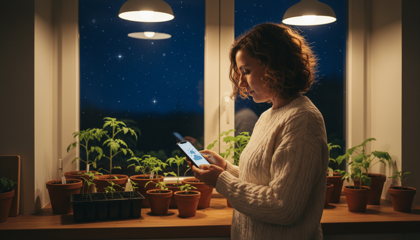 Femme vérifiant la météo près de semis de légumes en intérieur