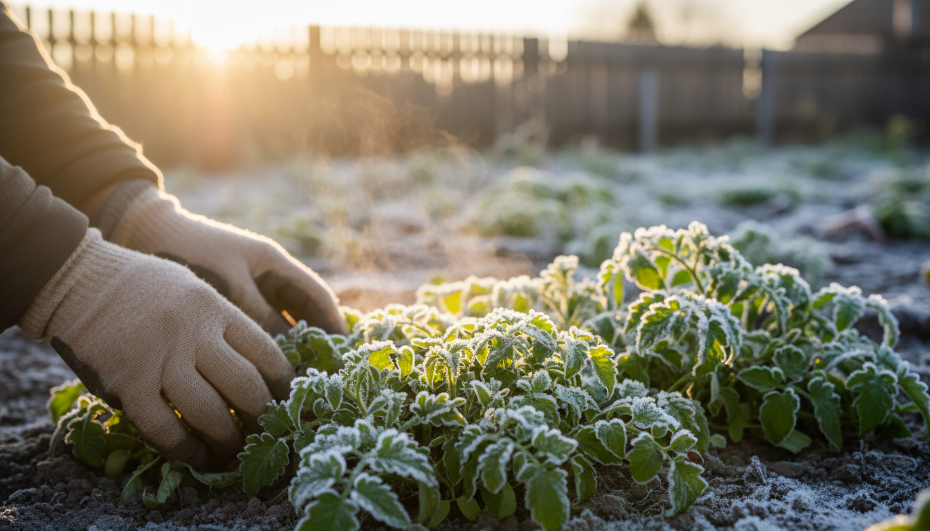 Plants de tomates recouverts de givre au lever du soleil