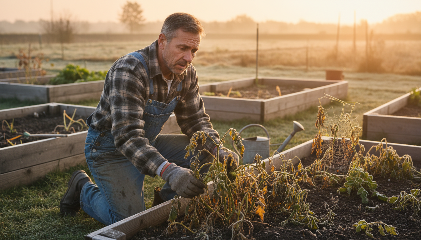 Jardinier découvrant ses plants noircis par le gel tardif