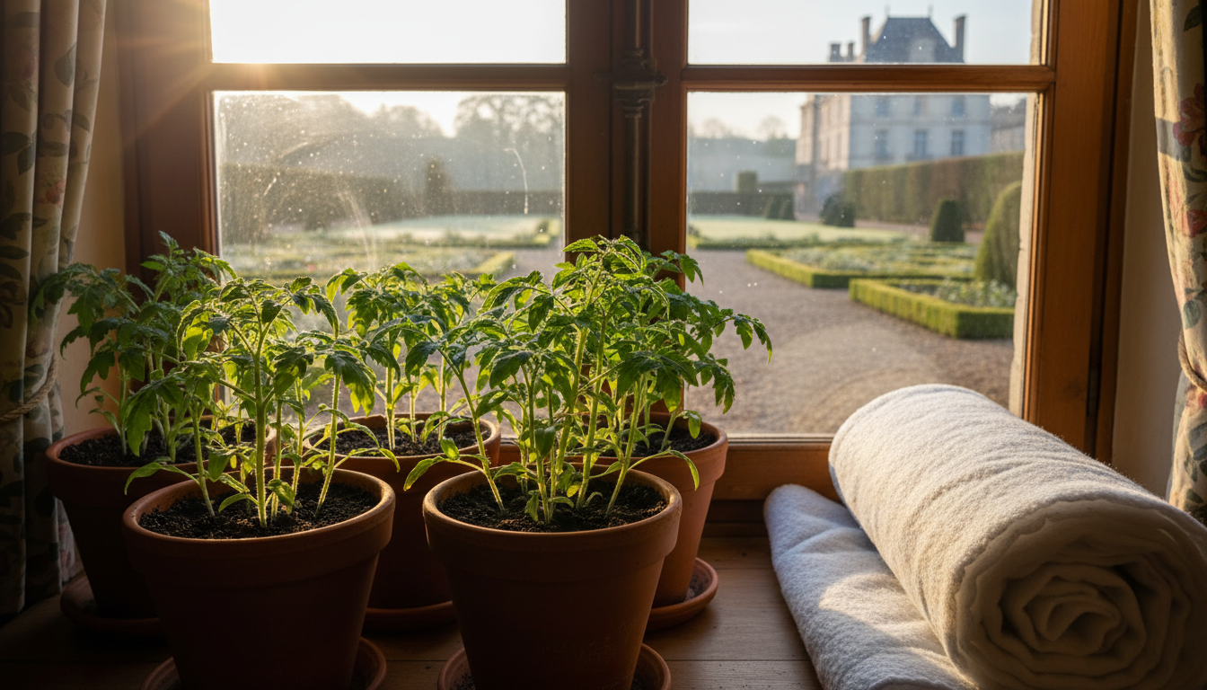 Plants de tomates protégés sur un rebord de fenêtre lumineux