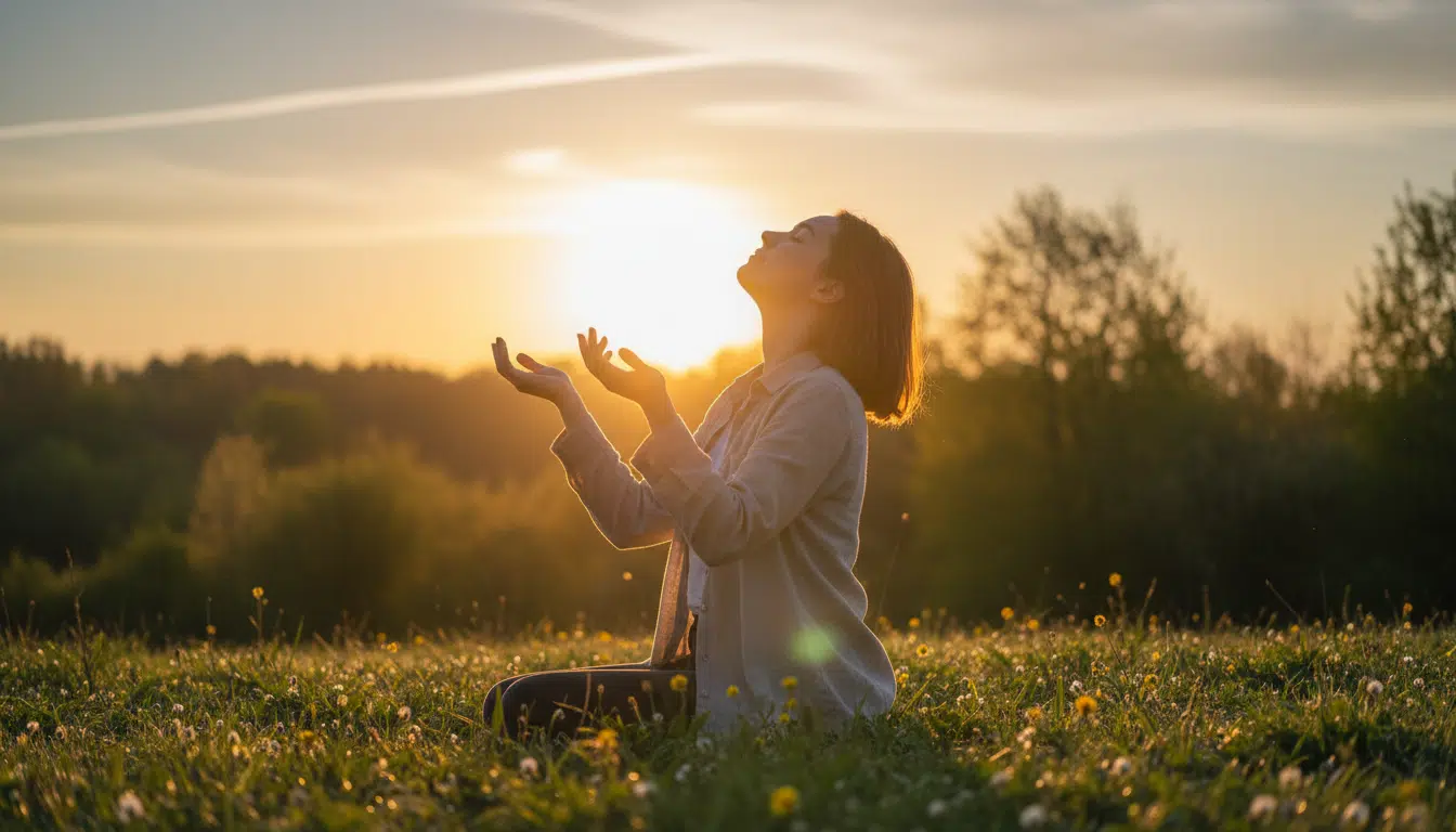 Personne accueillant le renouveau du printemps au lever du soleil