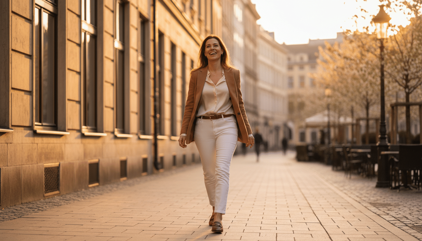 Personne confiante marchant dans une rue ensoleillée au printemps