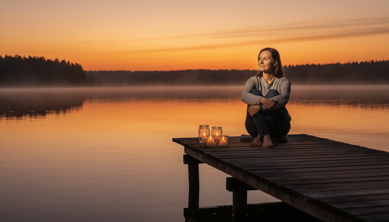 Personne sereine au bord d'un lac au coucher du soleil avec bougies