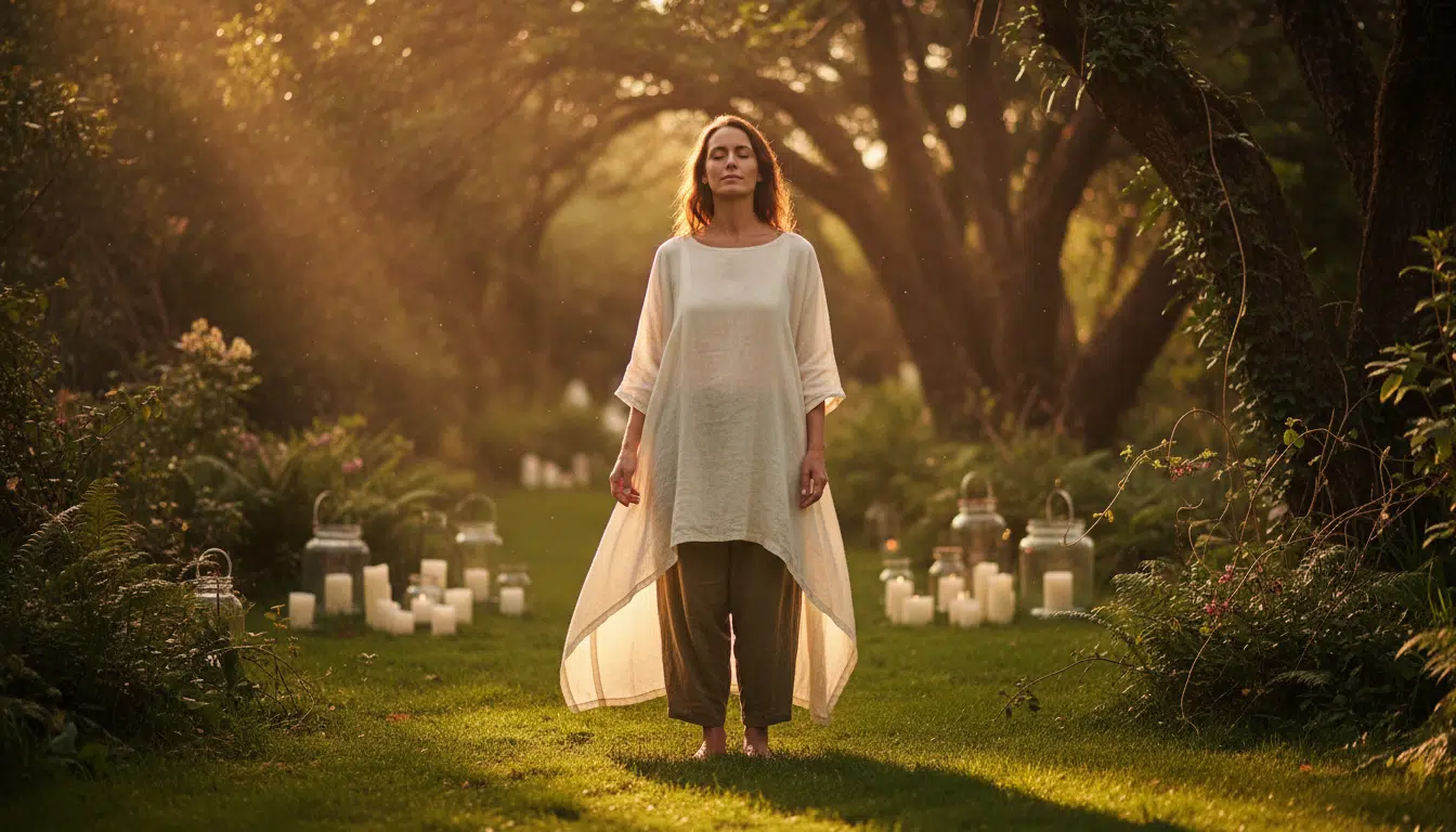 Personne pieds nus dans un jardin au coucher du soleil