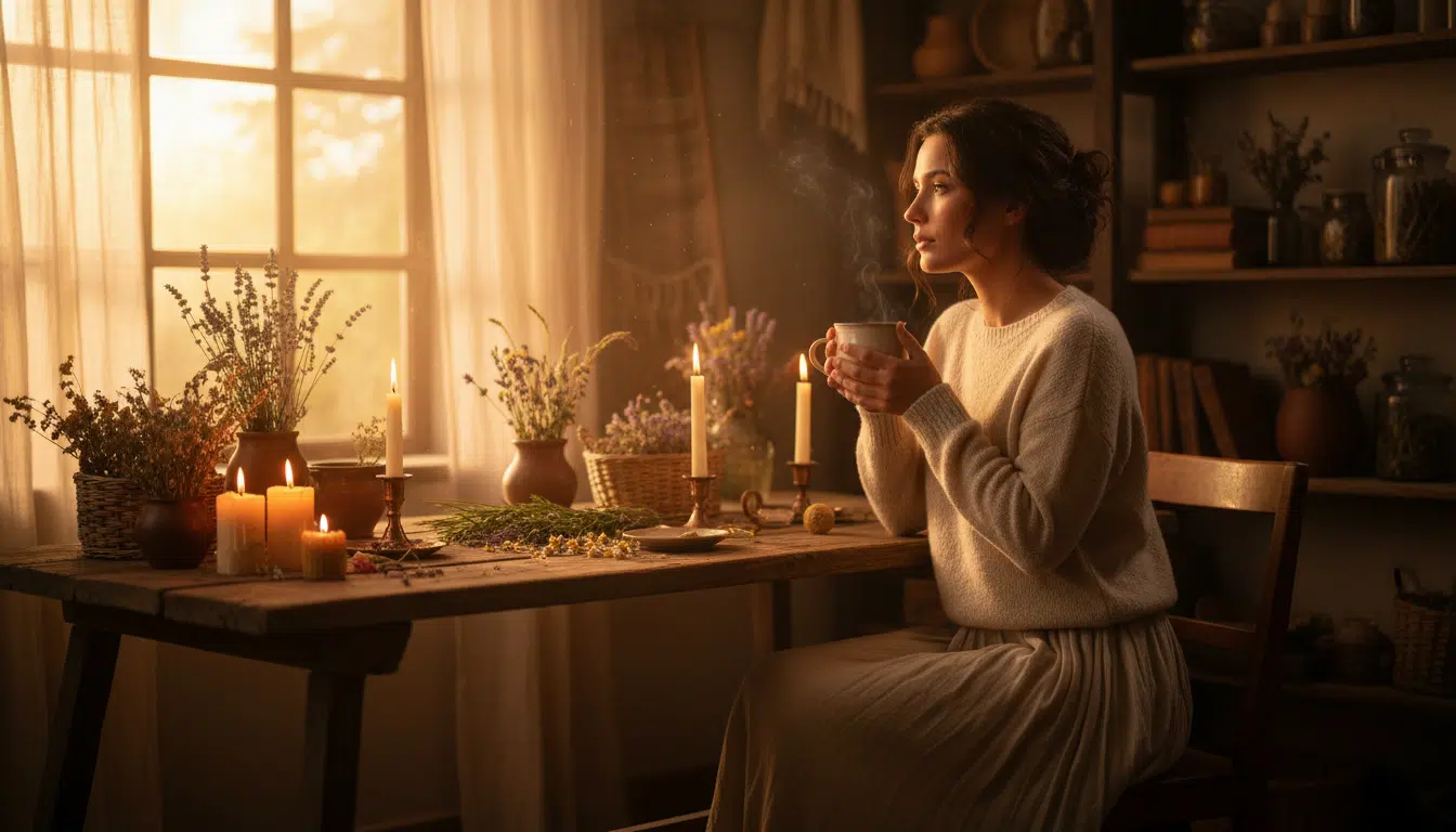 Femme en introspection à la lumière des bougies