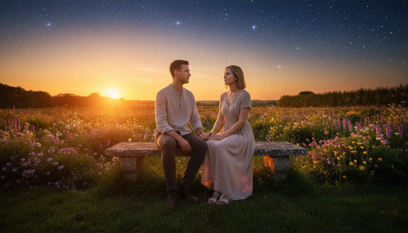 Couple assis dans un jardin au crépuscule doré
