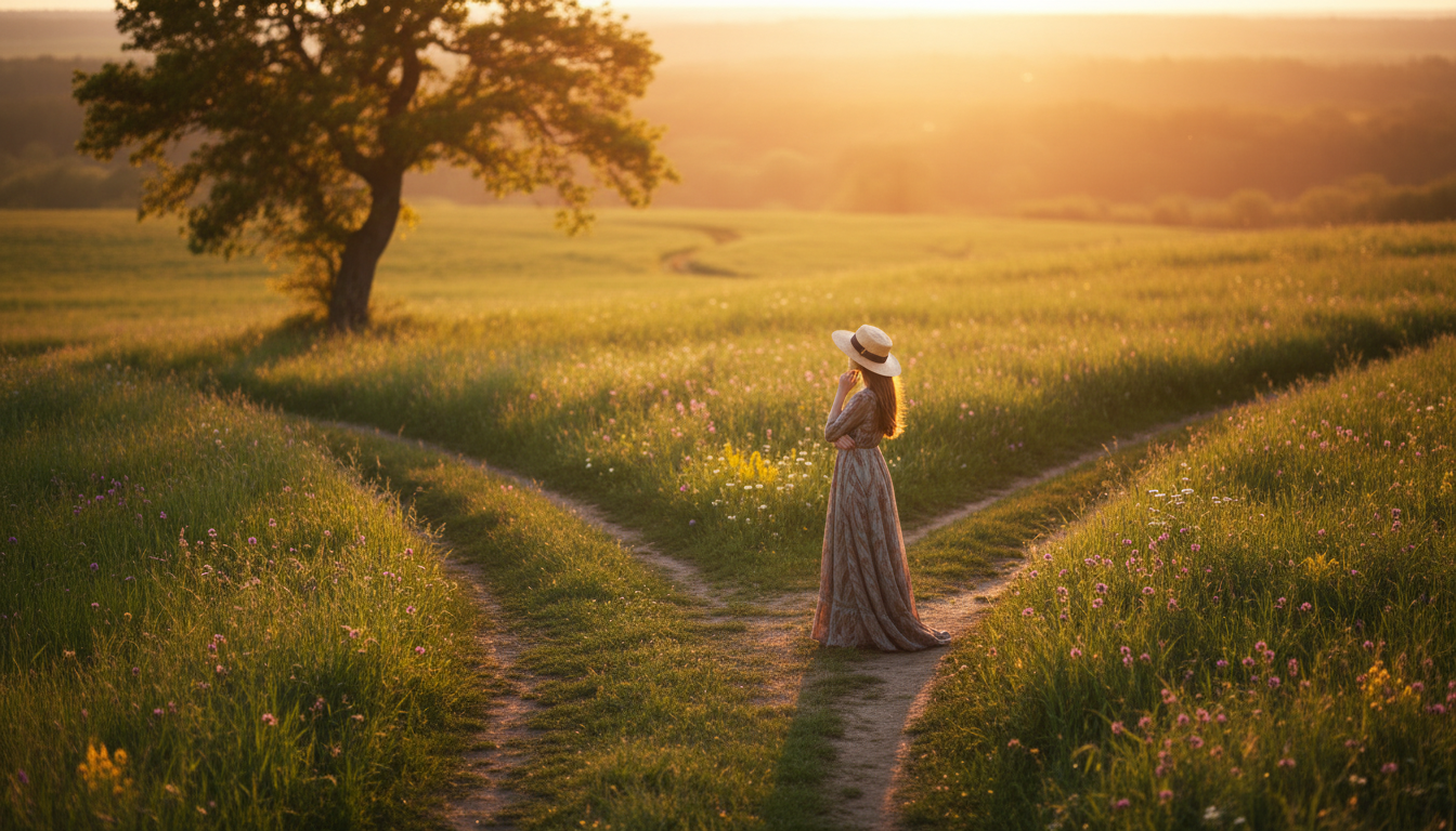 Personne réfléchissant à un carrefour dans un champ printanier