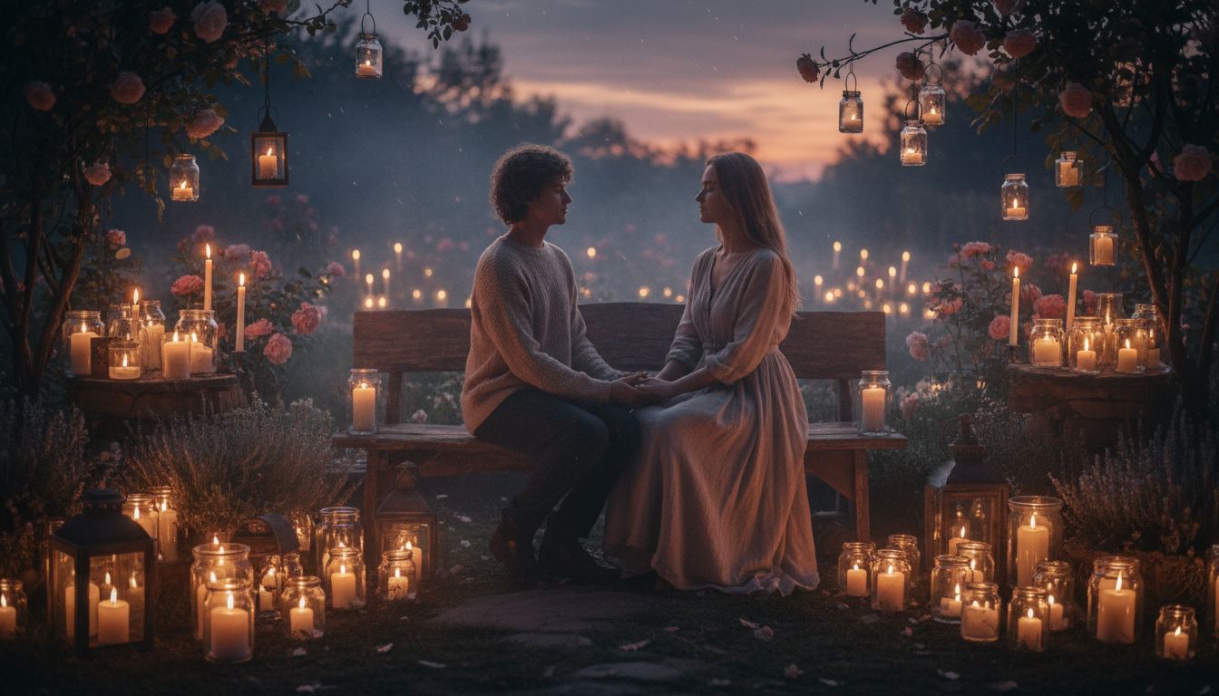 Couple assis dans un jardin éclairé aux bougies au crépuscule