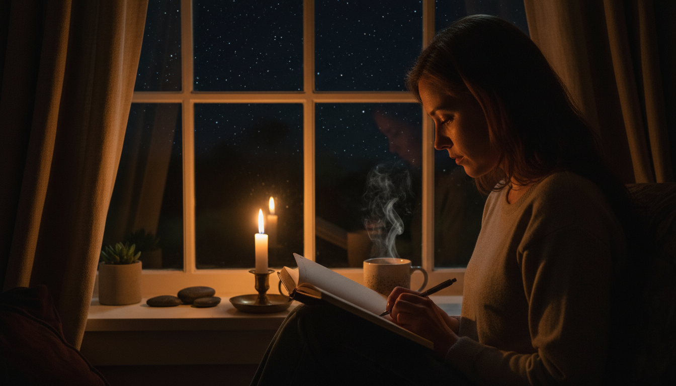 Personne écrivant dans un journal à la lumière de bougies