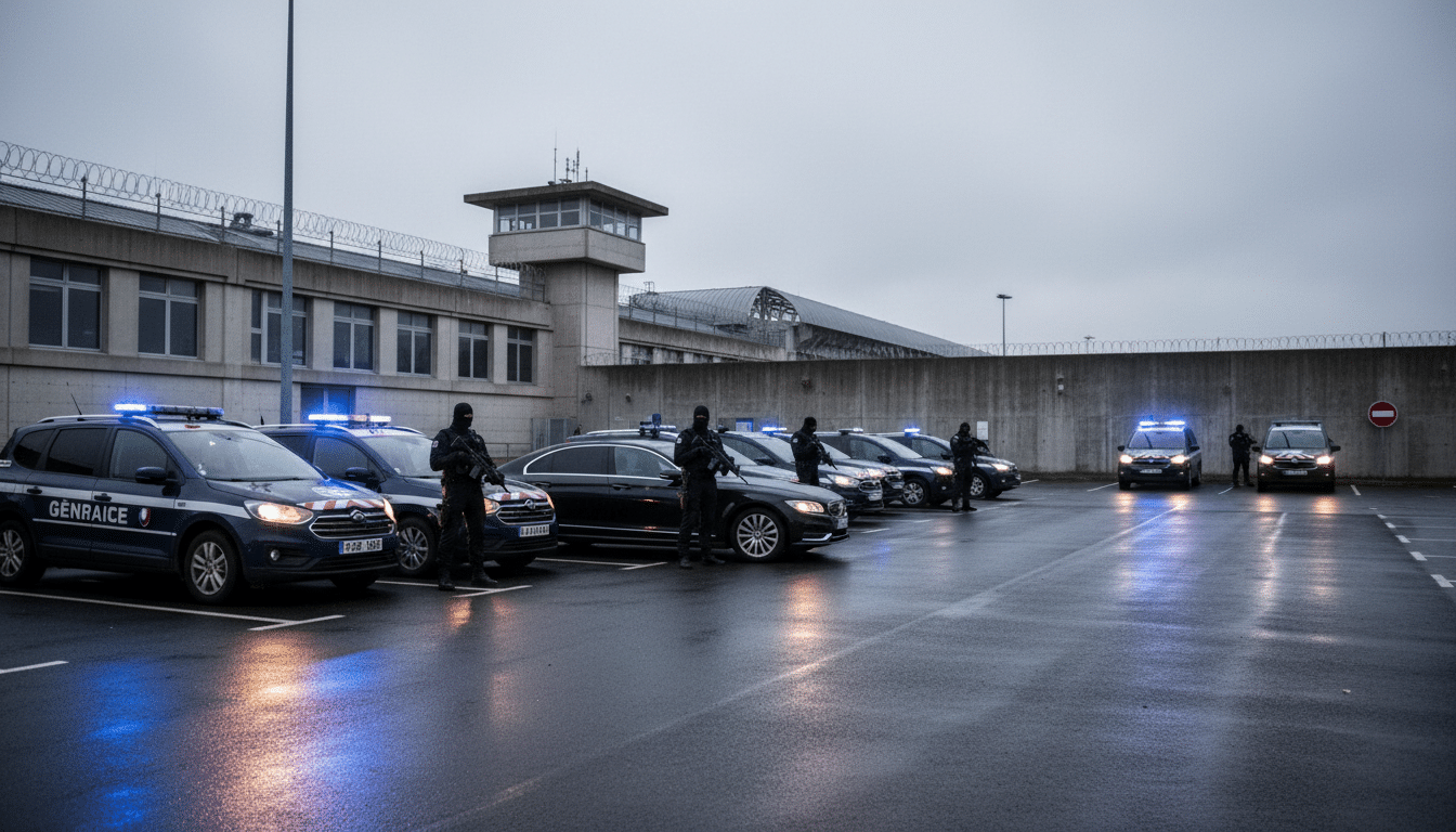 Parking d'une prison de haute sécurité avec policiers cagoulés