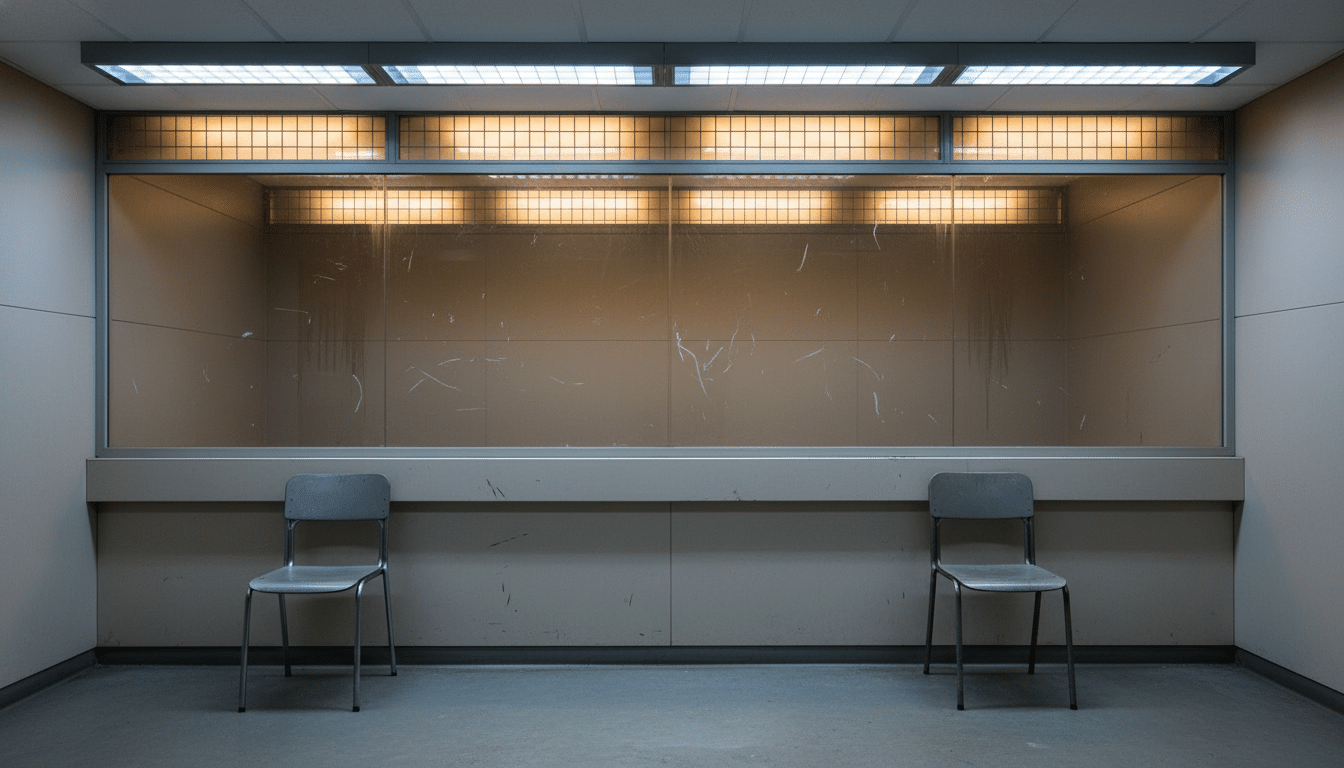 Parloir de prison équipé d'un hygiaphone derrière une vitre