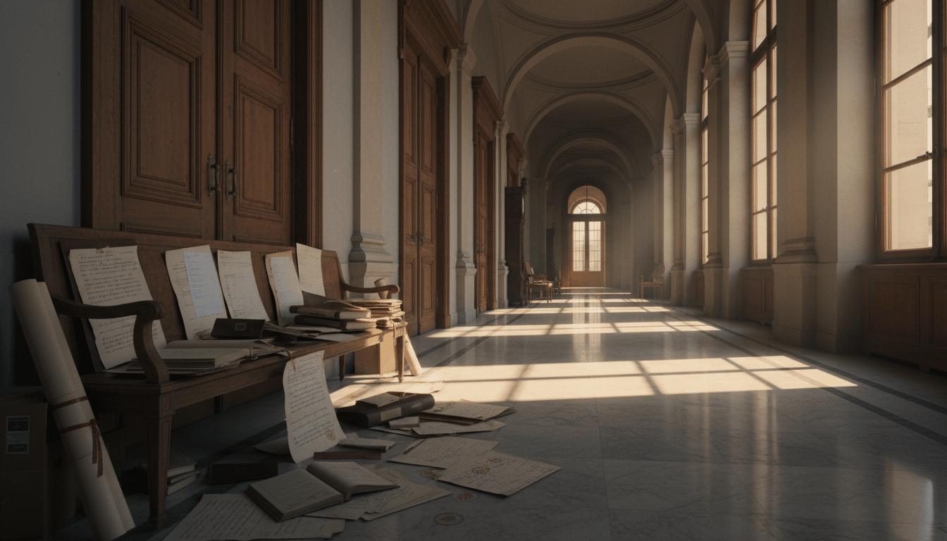 Couloir de tribunal français avec documents juridiques