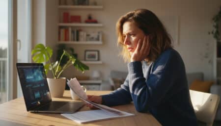 Salariée inquiète examine son contrat de travail en télétravail