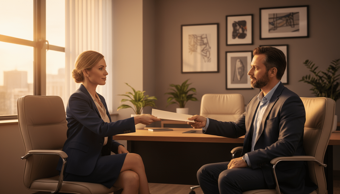 Salariée remettant un courrier formel aux ressources humaines