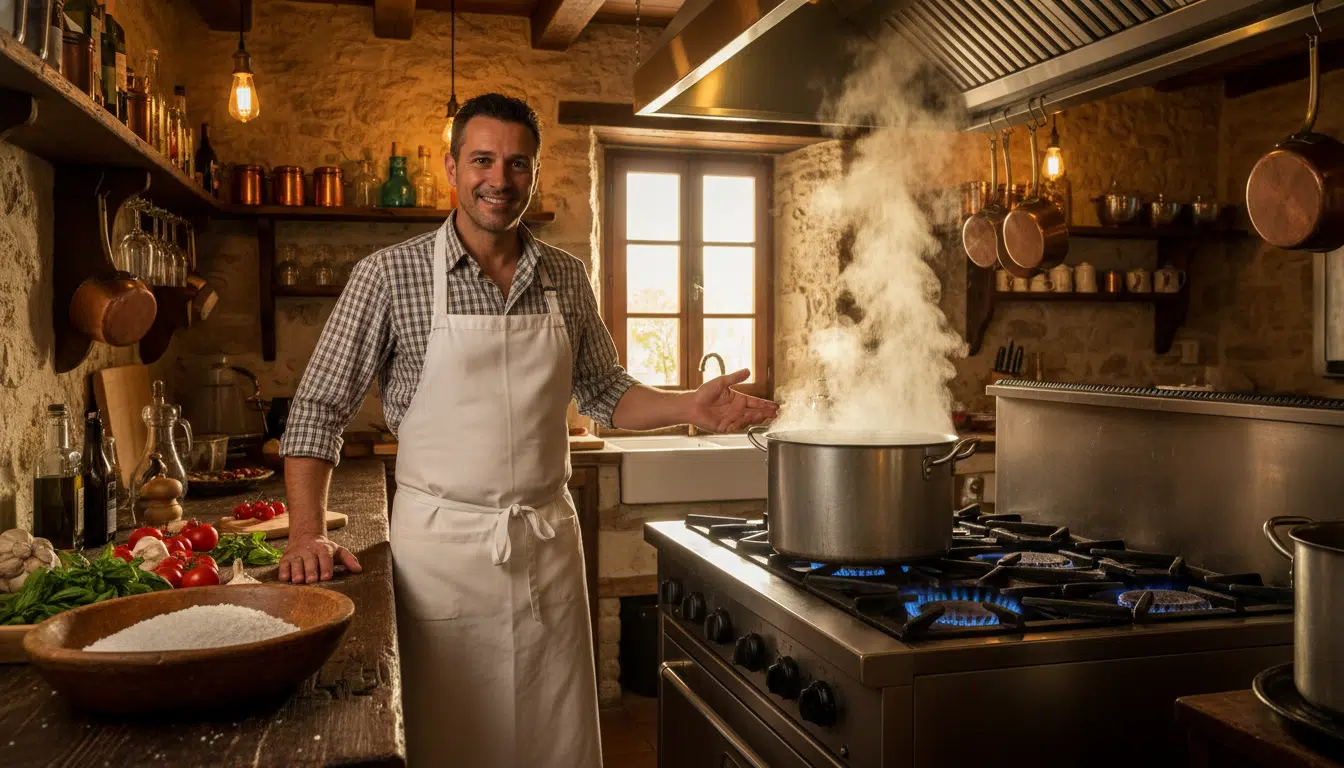 Chef italien montrant une casserole d'eau bouillante dans une trattoria