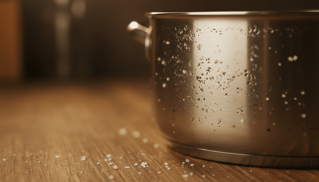 Piqûres noires sur le fond d'une casserole en inox causées par le sel