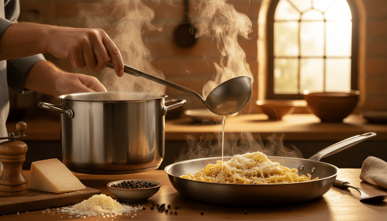 Eau de cuisson des pâtes versée dans une poêle de cacio e pepe
