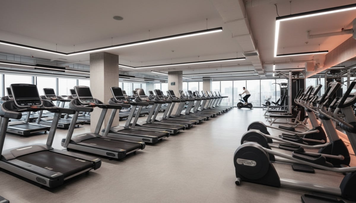 Salle de sport vide avec rangées de tapis de course