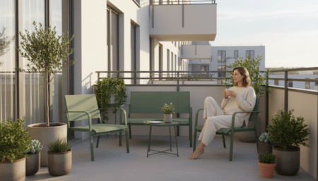 Salon de jardin Silvi vert sauge sur un petit balcon urbain